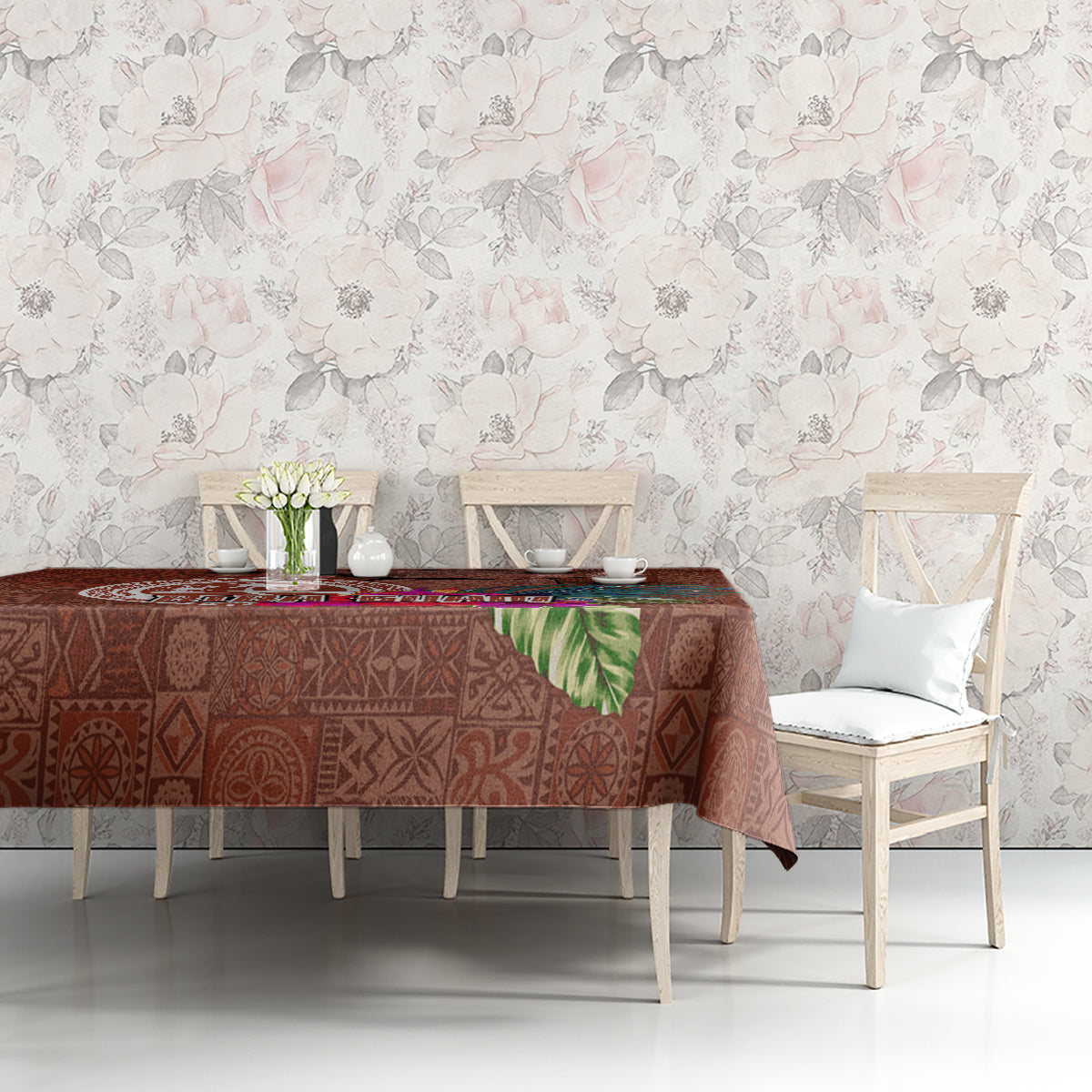 Chamorro Biba Guam Tablecloth Latte Stone Tribal and Hibiscus Flower Tapa Pattern