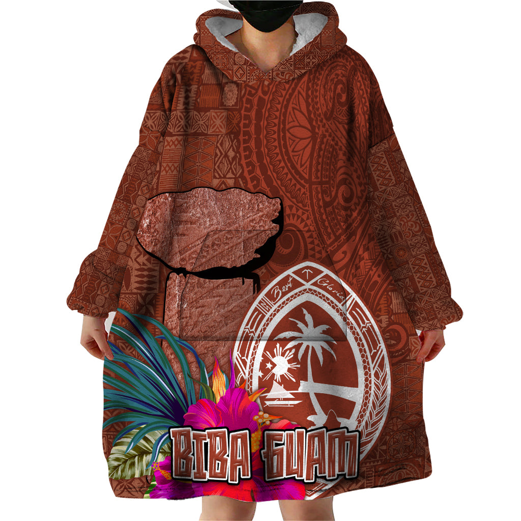 Chamorro Biba Guam Wearable Blanket Hoodie Latte Stone Tribal and Hibiscus Flower Tapa Pattern