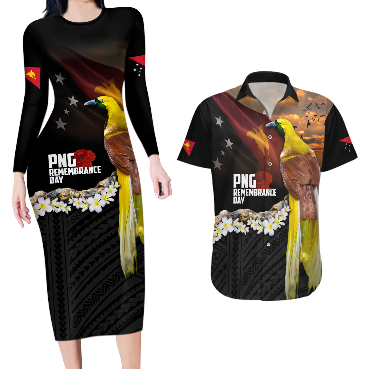 Papua New Guinea Remembrance Day Couples Matching Long Sleeve Bodycon Dress and Hawaiian Shirt Bird of Paradise Plumeria Flower and Polynesian Pattern LT03 Black - Polynesian Pride
