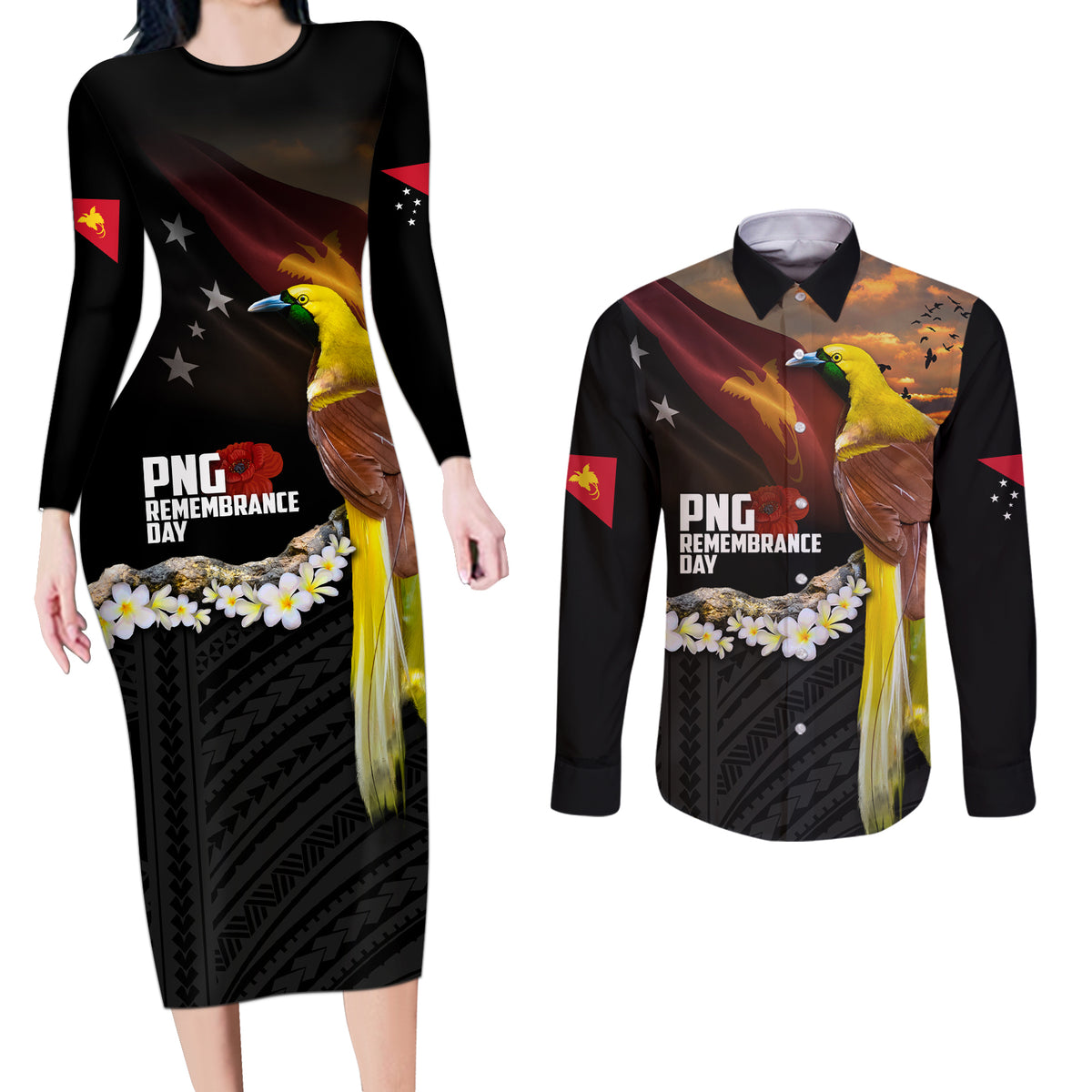 Papua New Guinea Remembrance Day Couples Matching Long Sleeve Bodycon Dress and Long Sleeve Button Shirt Bird of Paradise Plumeria Flower and Polynesian Pattern LT03 Black - Polynesian Pride