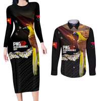 Papua New Guinea Remembrance Day Couples Matching Long Sleeve Bodycon Dress and Long Sleeve Button Shirt Bird of Paradise Plumeria Flower and Polynesian Pattern LT03 Black - Polynesian Pride