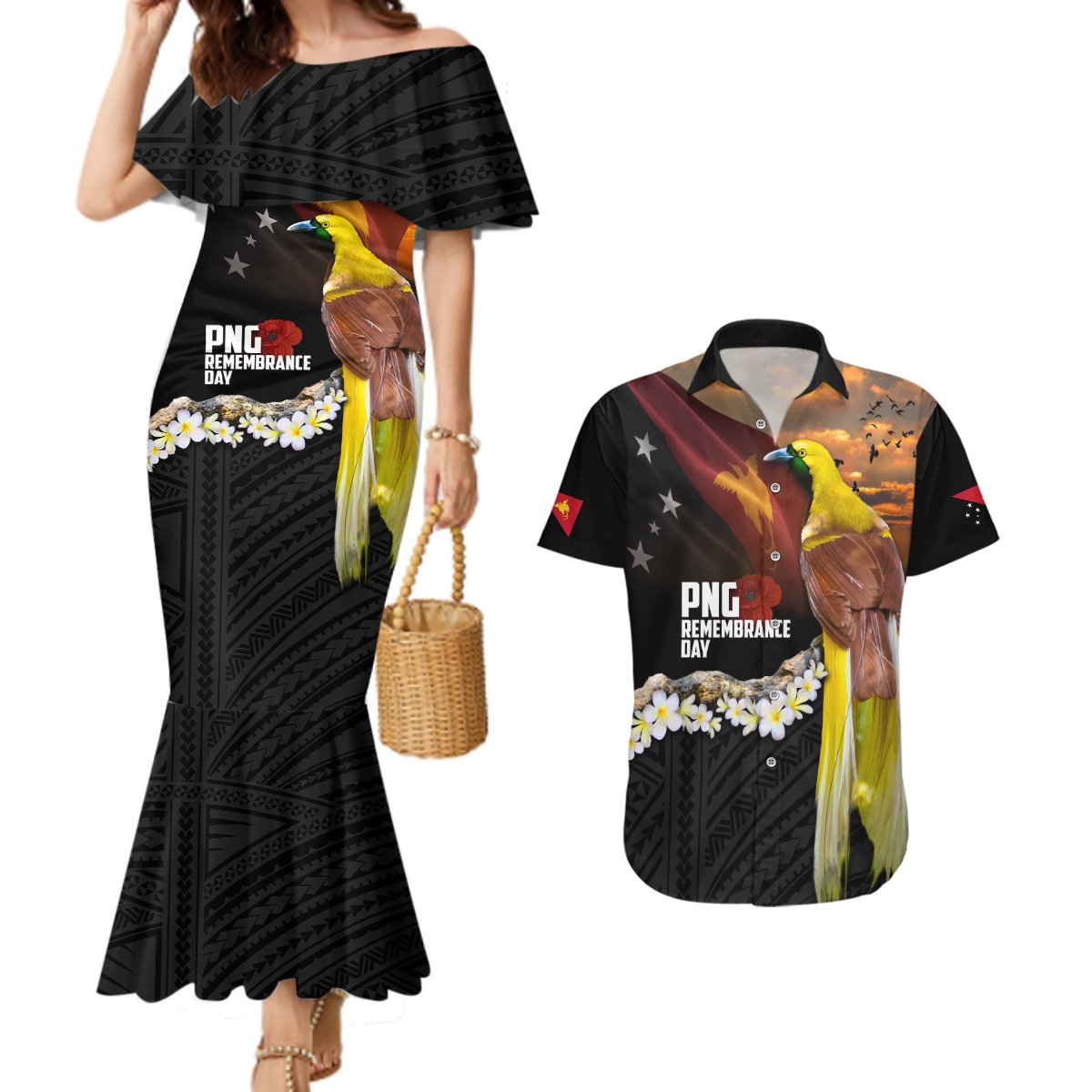 Papua New Guinea Remembrance Day Couples Matching Mermaid Dress and Hawaiian Shirt Bird of Paradise Plumeria Flower and Polynesian Pattern