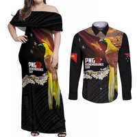 Papua New Guinea Remembrance Day Couples Matching Off Shoulder Maxi Dress and Long Sleeve Button Shirt Bird of Paradise Plumeria Flower and Polynesian Pattern LT03 Black - Polynesian Pride