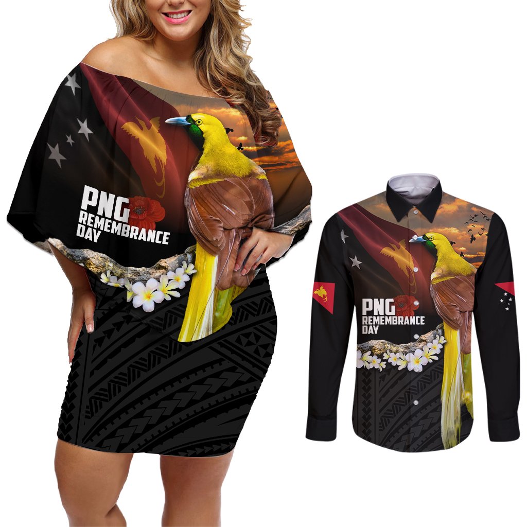 Papua New Guinea Remembrance Day Couples Matching Off Shoulder Short Dress and Long Sleeve Button Shirt Bird of Paradise Plumeria Flower and Polynesian Pattern LT03 Black - Polynesian Pride