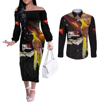 Papua New Guinea Remembrance Day Couples Matching Off The Shoulder Long Sleeve Dress and Long Sleeve Button Shirt Bird of Paradise Plumeria Flower and Polynesian Pattern LT03 Black - Polynesian Pride