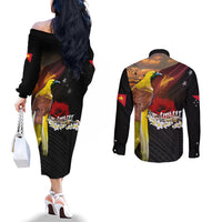 Papua New Guinea Remembrance Day Couples Matching Off The Shoulder Long Sleeve Dress and Long Sleeve Button Shirt Bird of Paradise Plumeria Flower and Polynesian Pattern LT03 - Polynesian Pride