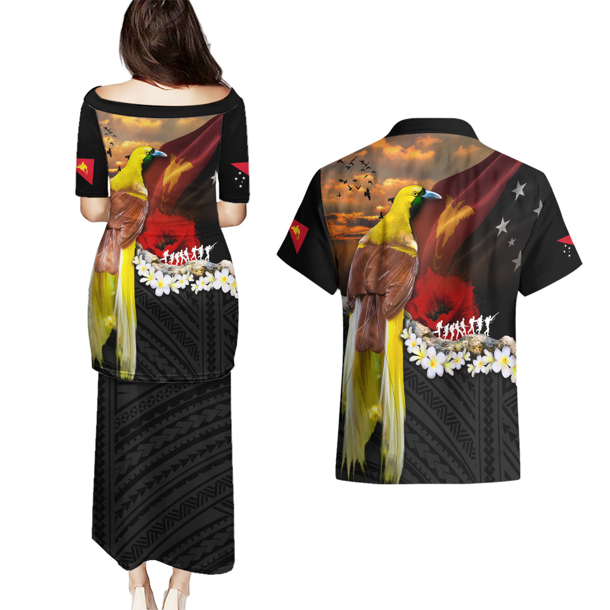 Papua New Guinea Remembrance Day Couples Matching Puletasi and Hawaiian Shirt Bird of Paradise Plumeria Flower and Polynesian Pattern LT03 - Polynesian Pride