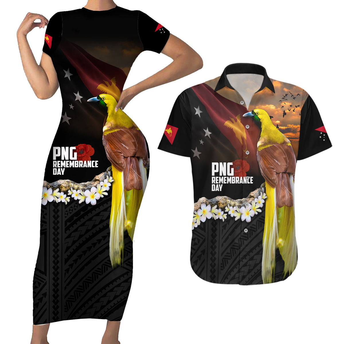 Papua New Guinea Remembrance Day Couples Matching Short Sleeve Bodycon Dress and Hawaiian Shirt Bird of Paradise Plumeria Flower and Polynesian Pattern LT03 Black - Polynesian Pride