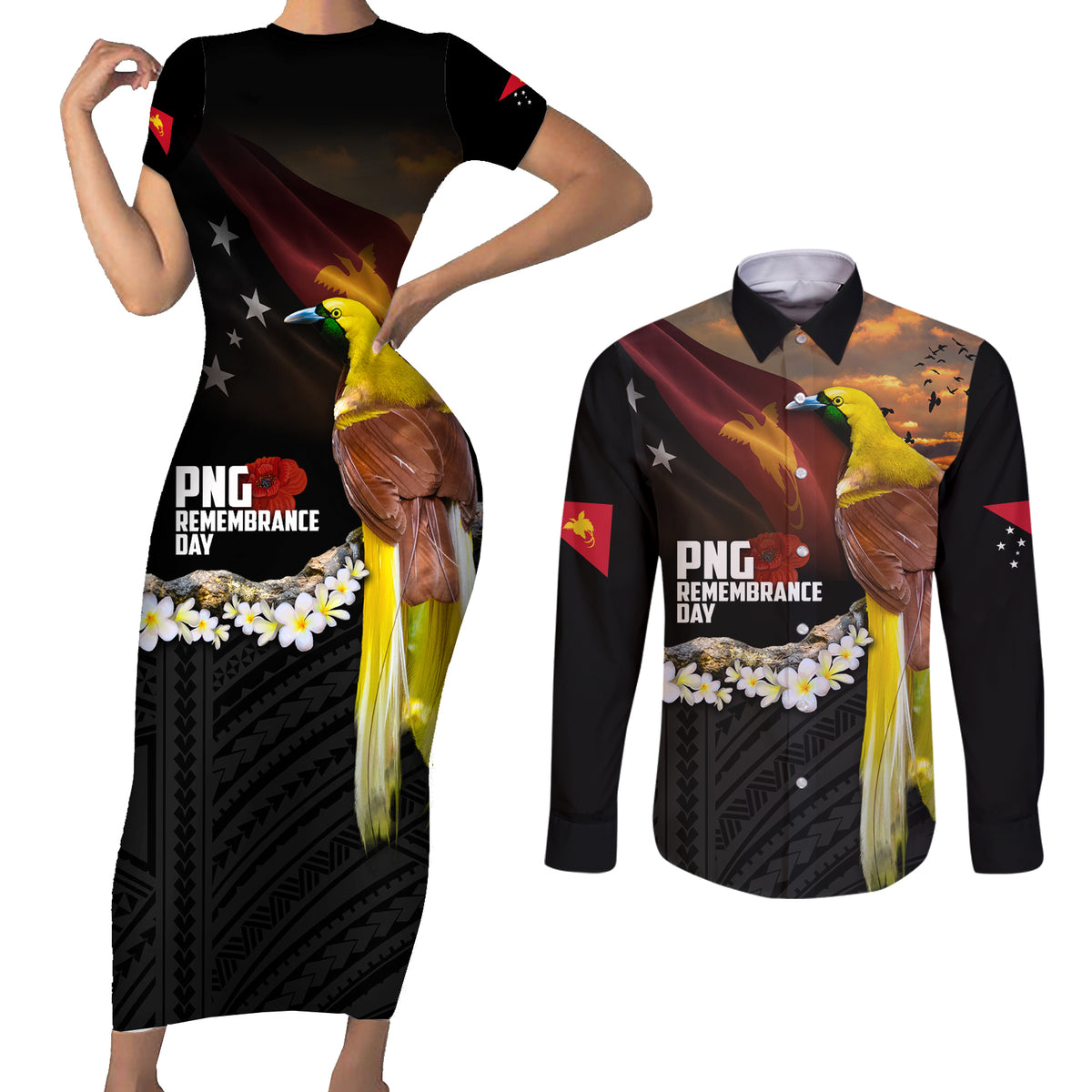 Papua New Guinea Remembrance Day Couples Matching Short Sleeve Bodycon Dress and Long Sleeve Button Shirt Bird of Paradise Plumeria Flower and Polynesian Pattern LT03 Black - Polynesian Pride