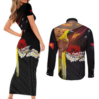 Papua New Guinea Remembrance Day Couples Matching Short Sleeve Bodycon Dress and Long Sleeve Button Shirt Bird of Paradise Plumeria Flower and Polynesian Pattern LT03 - Polynesian Pride