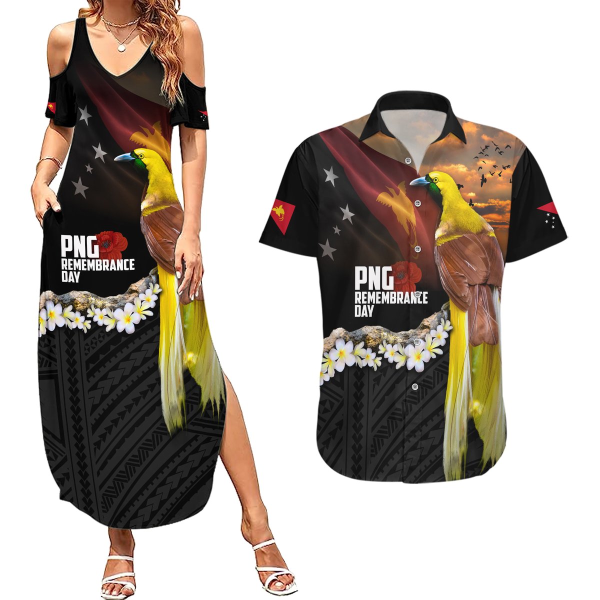 Papua New Guinea Remembrance Day Couples Matching Summer Maxi Dress and Hawaiian Shirt Bird of Paradise Plumeria Flower and Polynesian Pattern LT03 Black - Polynesian Pride