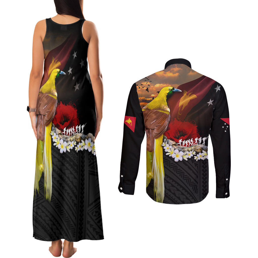 Papua New Guinea Remembrance Day Couples Matching Tank Maxi Dress and Long Sleeve Button Shirt Bird of Paradise Plumeria Flower and Polynesian Pattern LT03 - Polynesian Pride