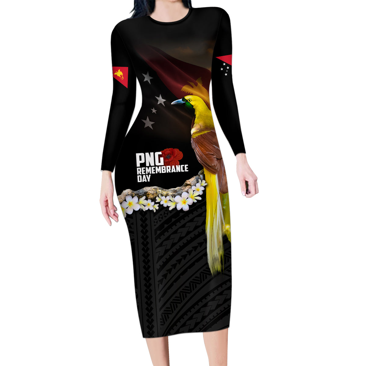 Papua New Guinea Remembrance Day Family Matching Long Sleeve Bodycon Dress and Hawaiian Shirt Bird of Paradise Plumeria Flower and Polynesian Pattern LT03 Mom's Dress Black - Polynesian Pride
