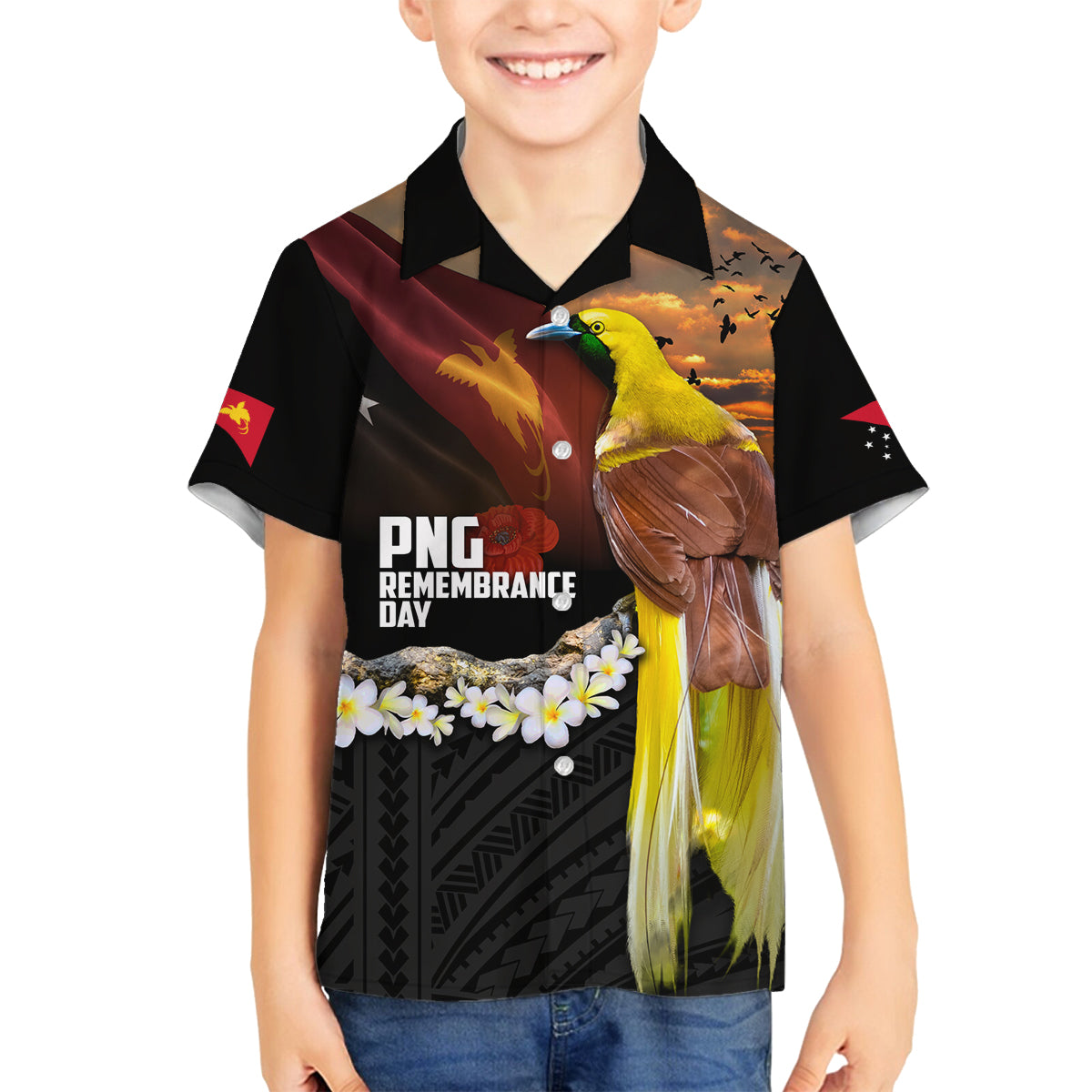 Papua New Guinea Remembrance Day Family Matching Long Sleeve Bodycon Dress and Hawaiian Shirt Bird of Paradise Plumeria Flower and Polynesian Pattern LT03 Son's Shirt Black - Polynesian Pride