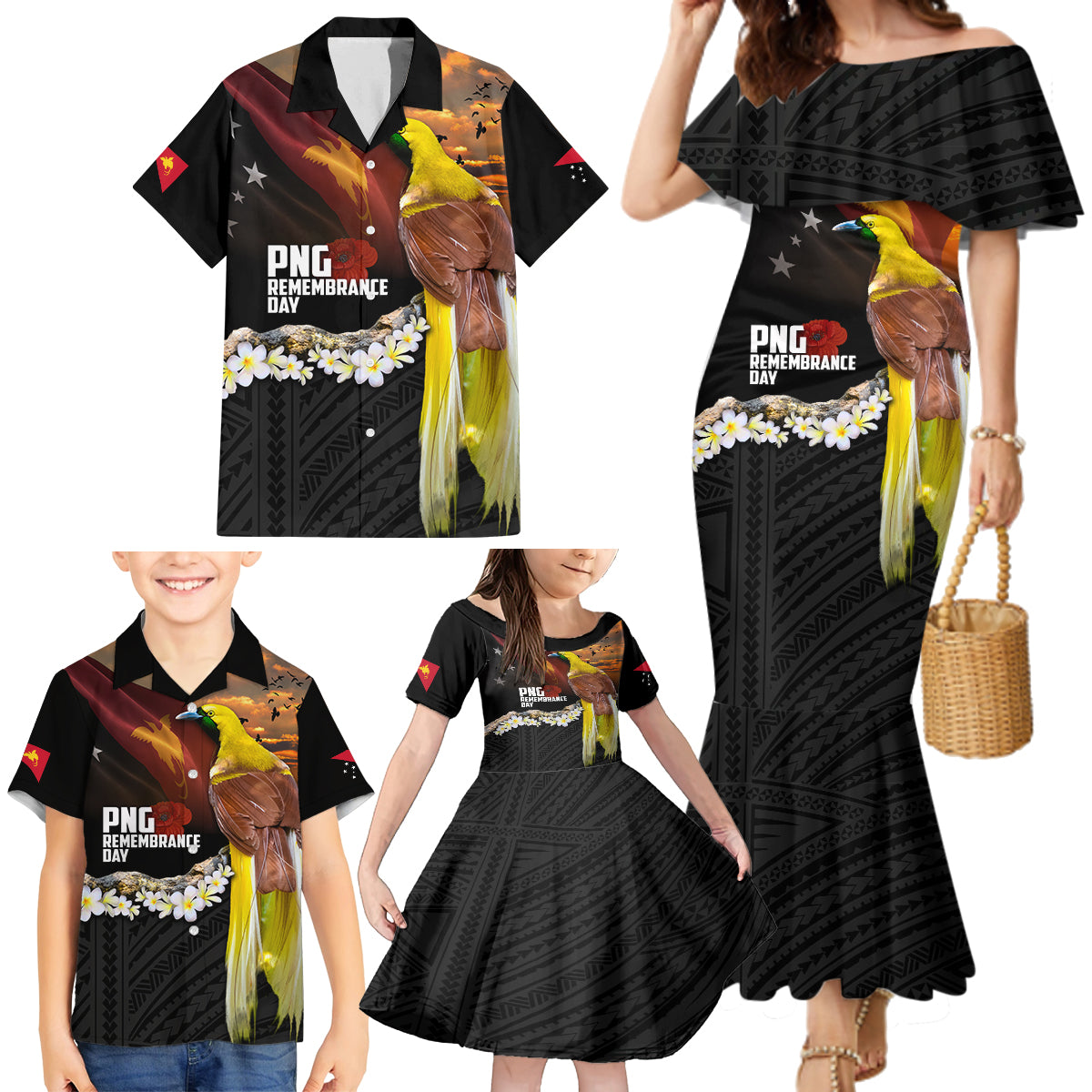 Papua New Guinea Remembrance Day Family Matching Mermaid Dress and Hawaiian Shirt Bird of Paradise Plumeria Flower and Polynesian Pattern LT03 - Polynesian Pride