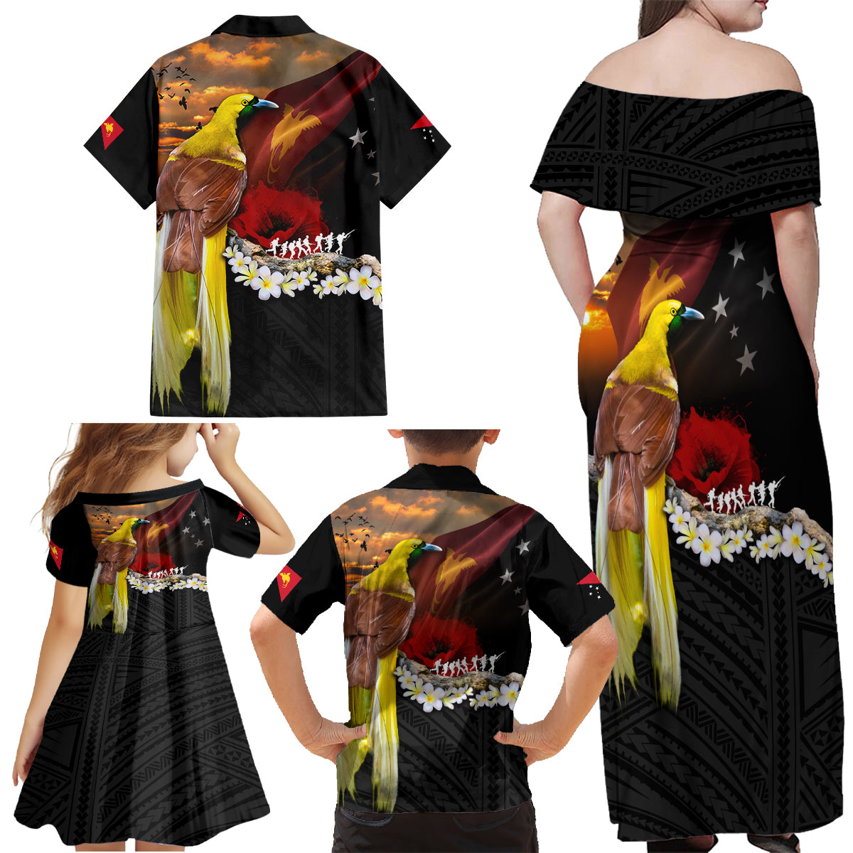 Papua New Guinea Remembrance Day Family Matching Off Shoulder Maxi Dress and Hawaiian Shirt Bird of Paradise Plumeria Flower and Polynesian Pattern LT03 - Polynesian Pride