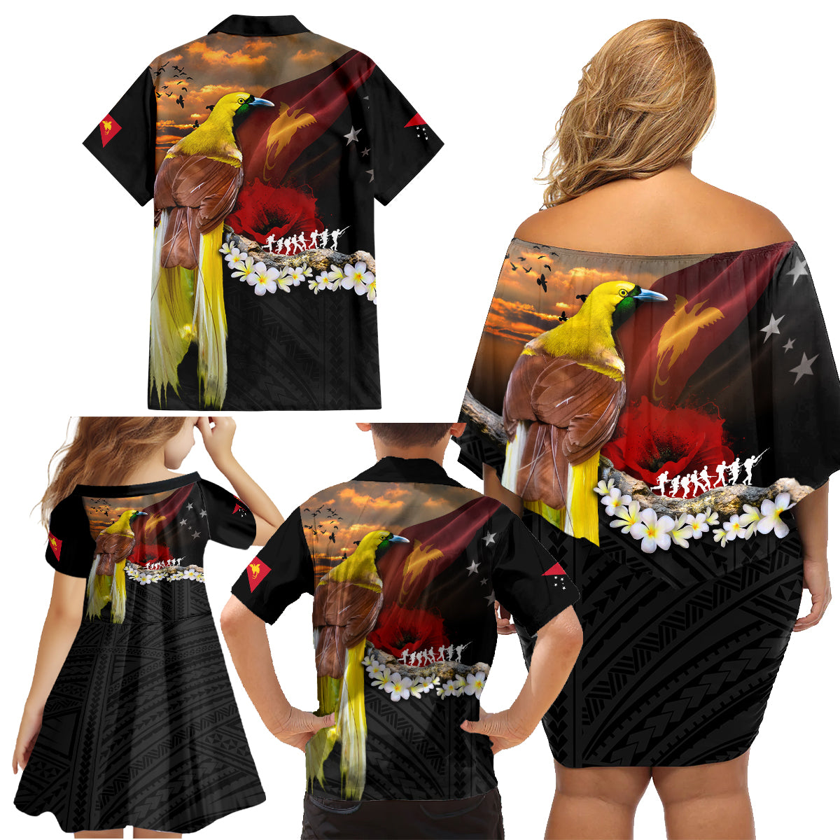 Papua New Guinea Remembrance Day Family Matching Off Shoulder Short Dress and Hawaiian Shirt Bird of Paradise Plumeria Flower and Polynesian Pattern LT03 - Polynesian Pride