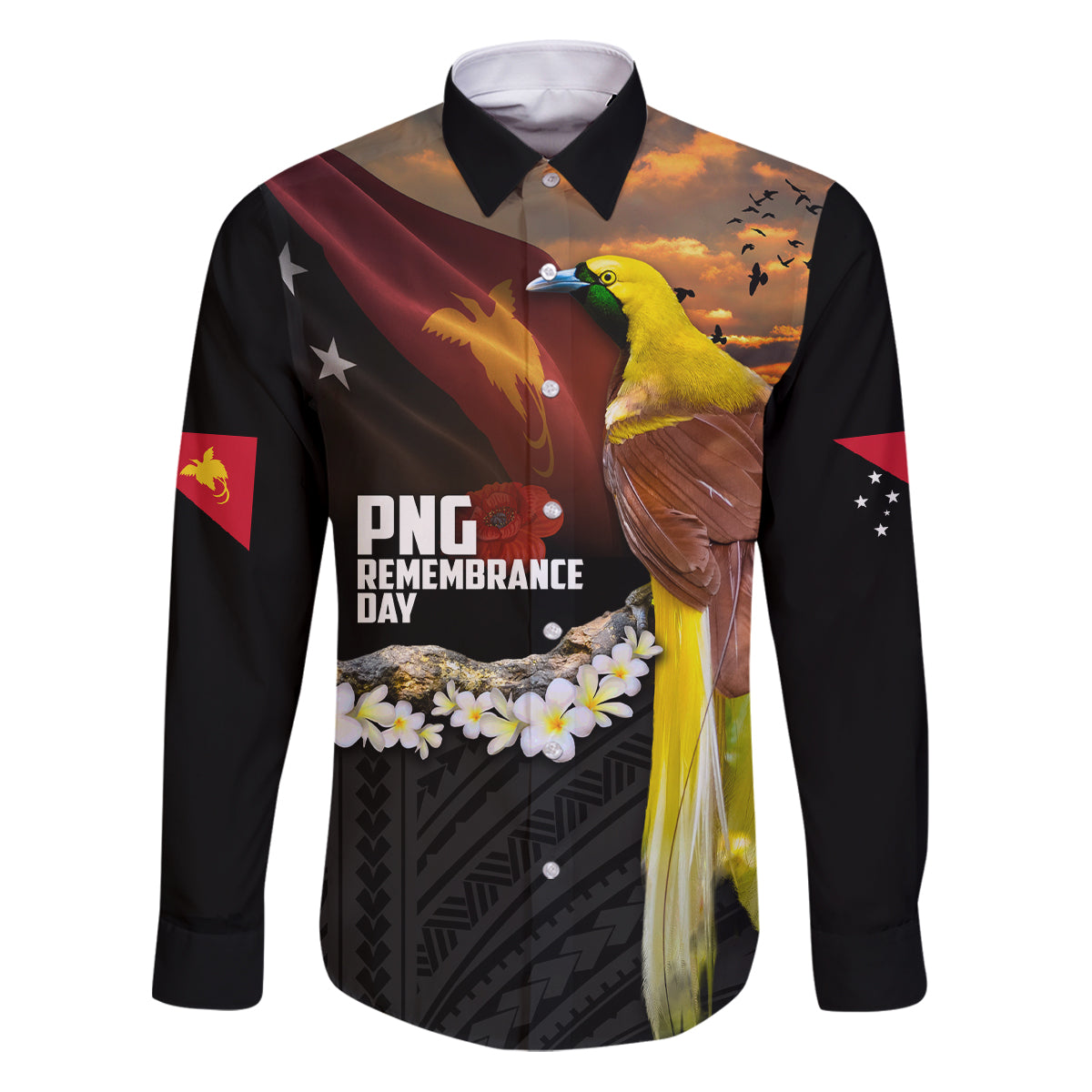 Papua New Guinea Remembrance Day Family Matching Puletasi and Hawaiian Shirt Bird of Paradise Plumeria Flower and Polynesian Pattern LT03 Dad's Shirt - Long Sleeve Black - Polynesian Pride