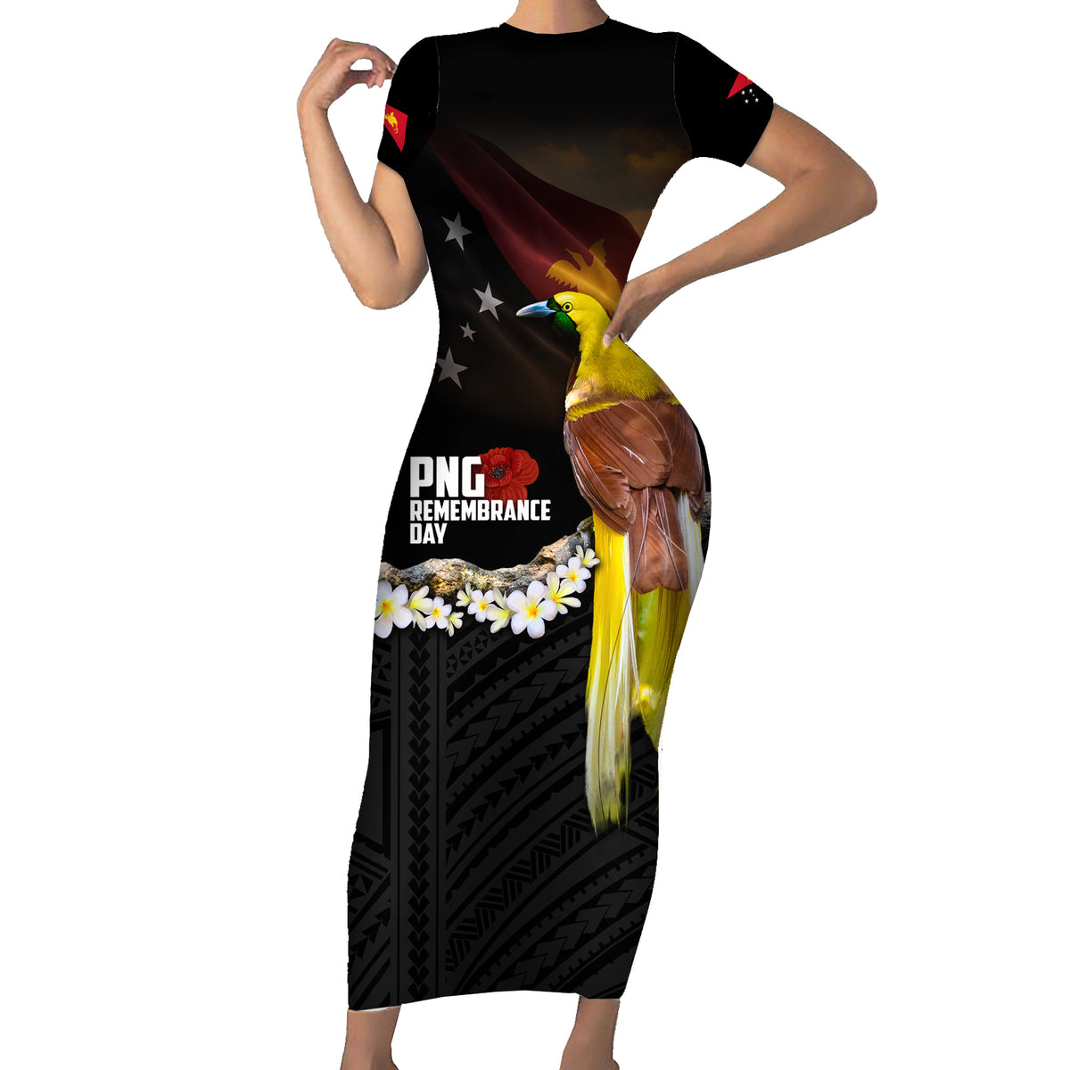 Papua New Guinea Remembrance Day Family Matching Short Sleeve Bodycon Dress and Hawaiian Shirt Bird of Paradise Plumeria Flower and Polynesian Pattern LT03 Mom's Dress Black - Polynesian Pride