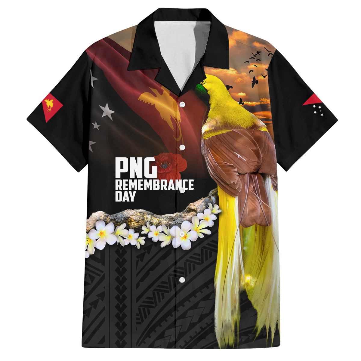 Papua New Guinea Remembrance Day Family Matching Summer Maxi Dress and Hawaiian Shirt Bird of Paradise Plumeria Flower and Polynesian Pattern LT03 Dad's Shirt - Short Sleeve Black - Polynesian Pride