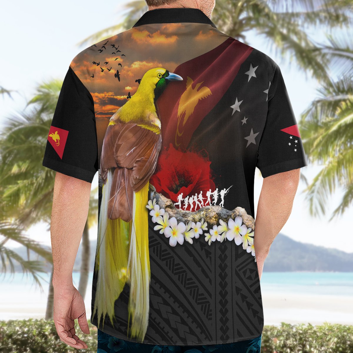 Papua New Guinea Remembrance Day Hawaiian Shirt Bird of Paradise Plumeria Flower and Polynesian Pattern