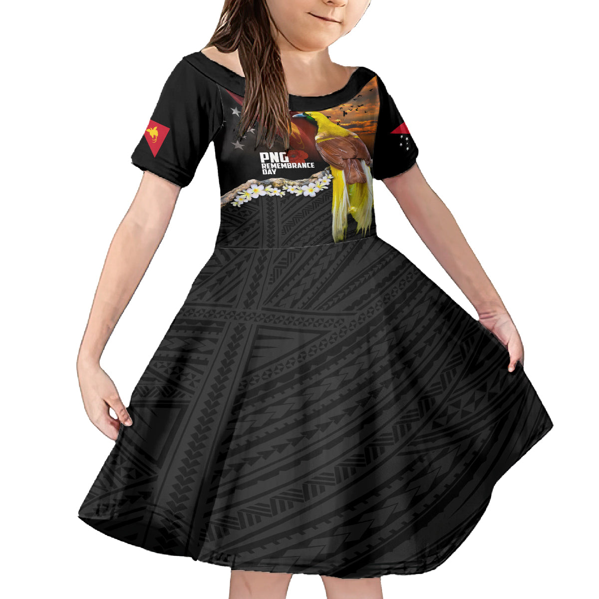 Papua New Guinea Remembrance Day Kid Short Sleeve Dress Bird of Paradise Plumeria Flower and Polynesian Pattern