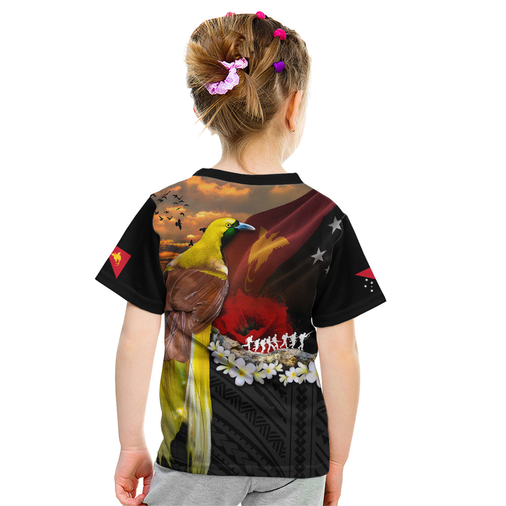 Papua New Guinea Remembrance Day Kid T Shirt Bird of Paradise Plumeria Flower and Polynesian Pattern