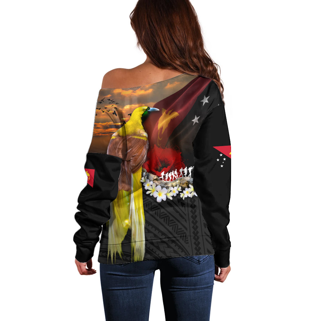Papua New Guinea Remembrance Day Off Shoulder Sweater Bird of Paradise Plumeria Flower and Polynesian Pattern