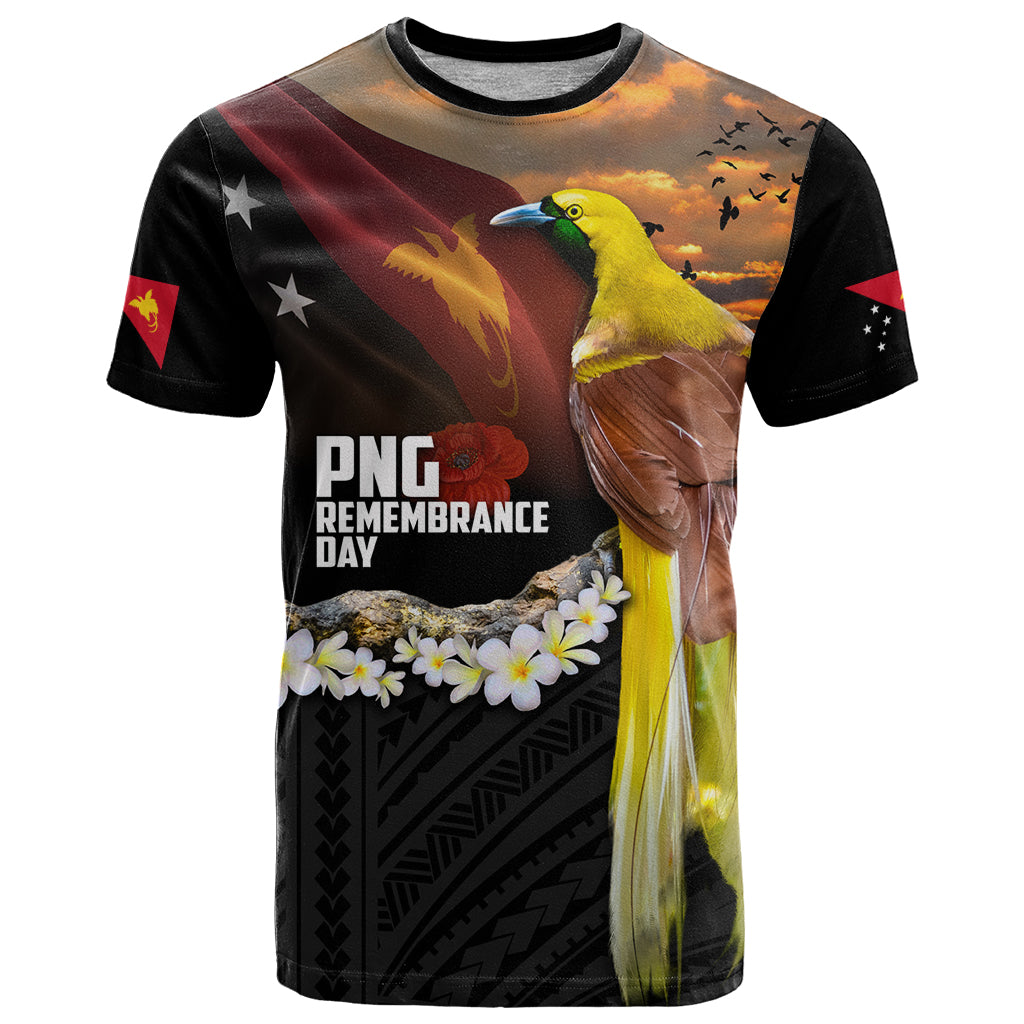Papua New Guinea Remembrance Day T Shirt Bird of Paradise Plumeria Flower and Polynesian Pattern