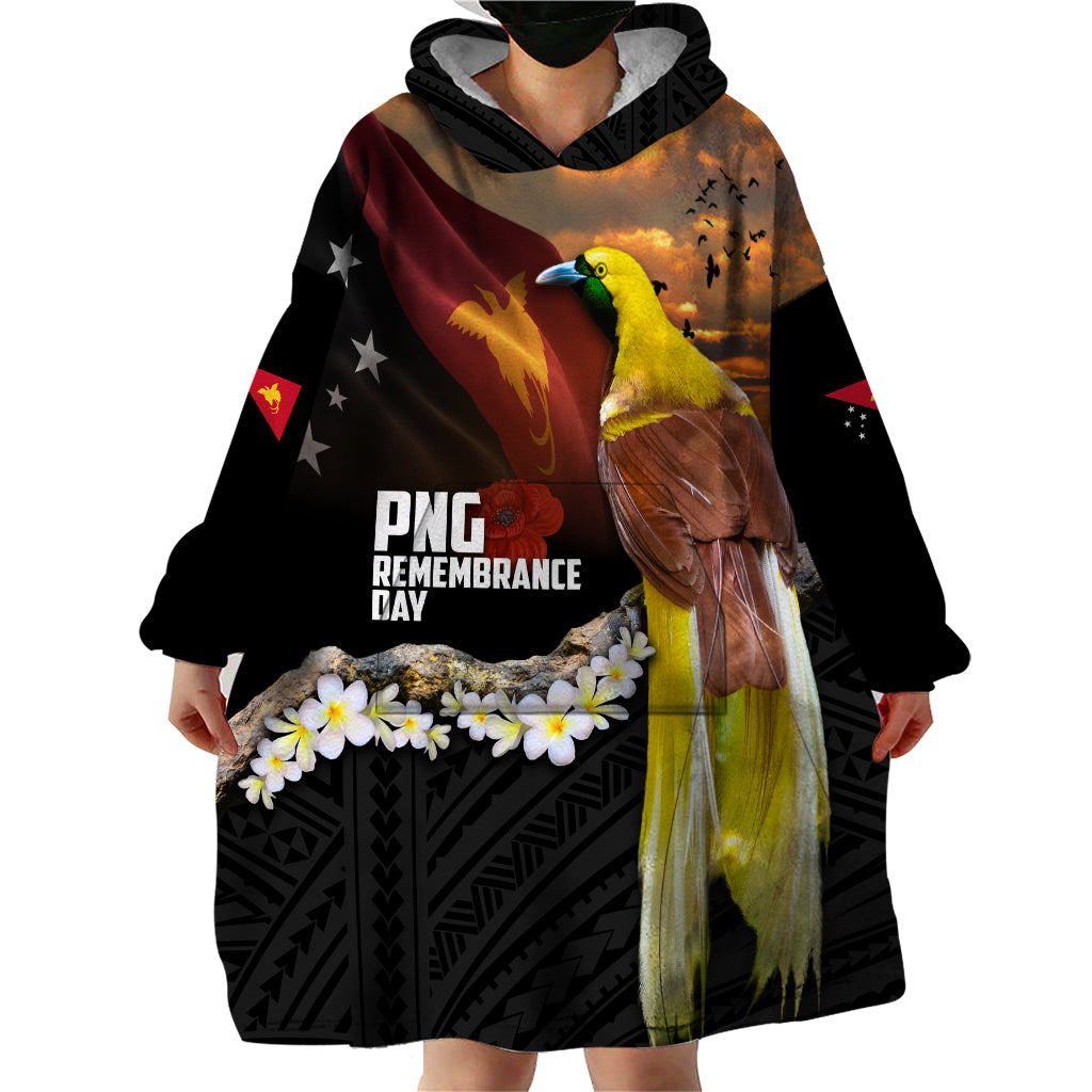 Papua New Guinea Remembrance Day Wearable Blanket Hoodie Bird of Paradise Plumeria Flower and Polynesian Pattern LT03 - Polynesian Pride