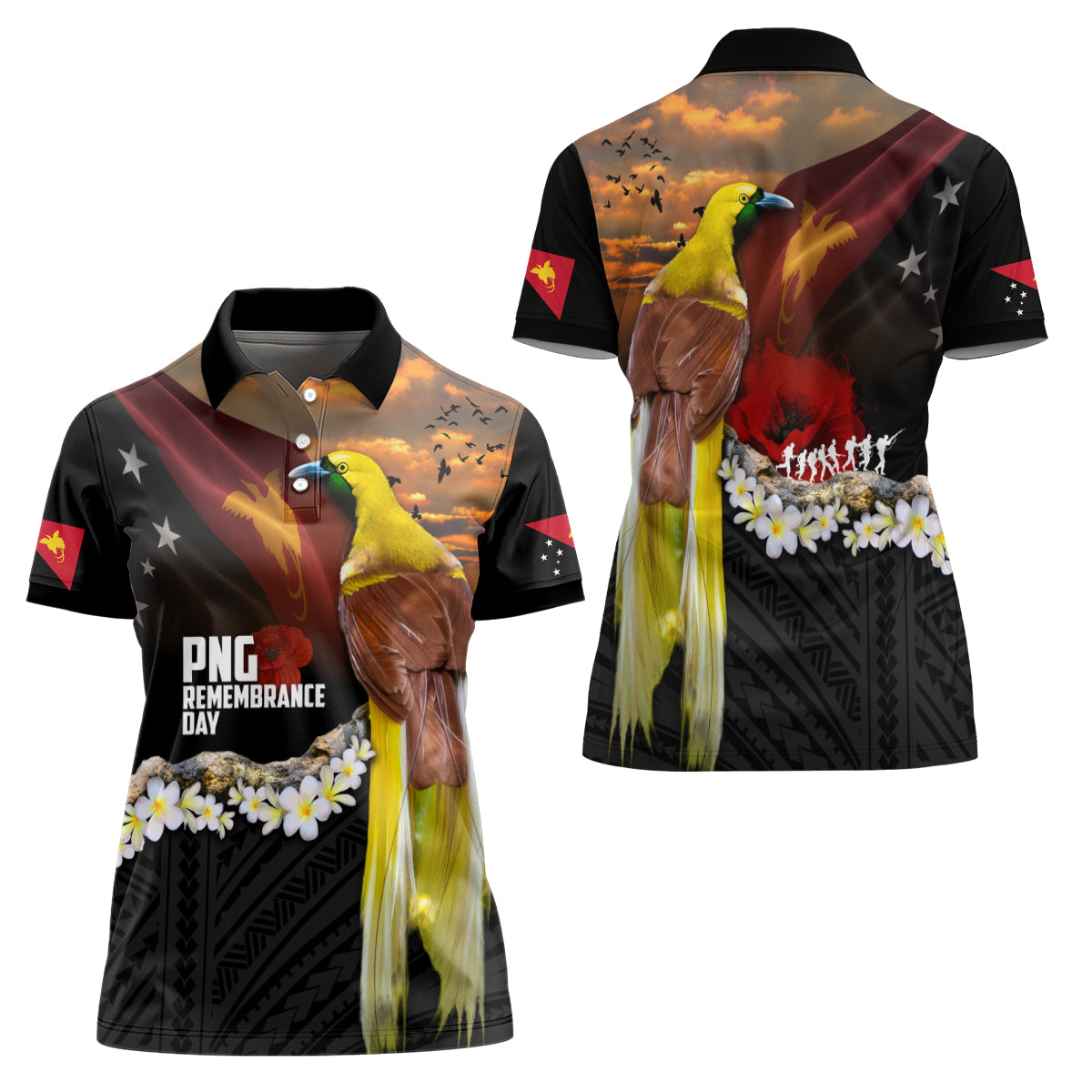 Papua New Guinea Remembrance Day Women Polo Shirt Bird of Paradise Plumeria Flower and Polynesian Pattern LT03 - Polynesian Pride