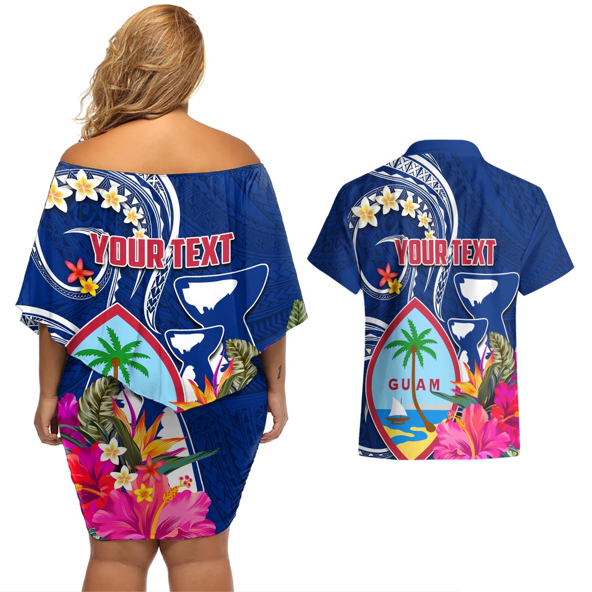 Guam Liberation Couples Matching Off Shoulder Short Dress and Hawaiian Shirt Latte Stone and Guahan Seal Jungle Flower