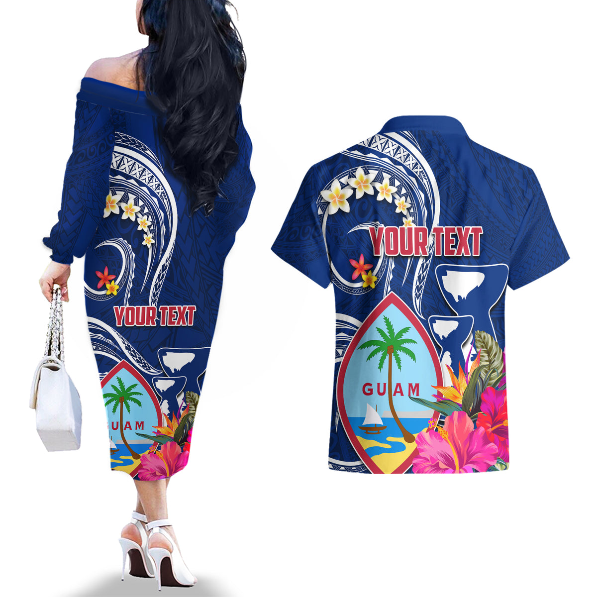 Guam Liberation Couples Matching Off The Shoulder Long Sleeve Dress and Hawaiian Shirt Latte Stone and Guahan Seal Jungle Flower
