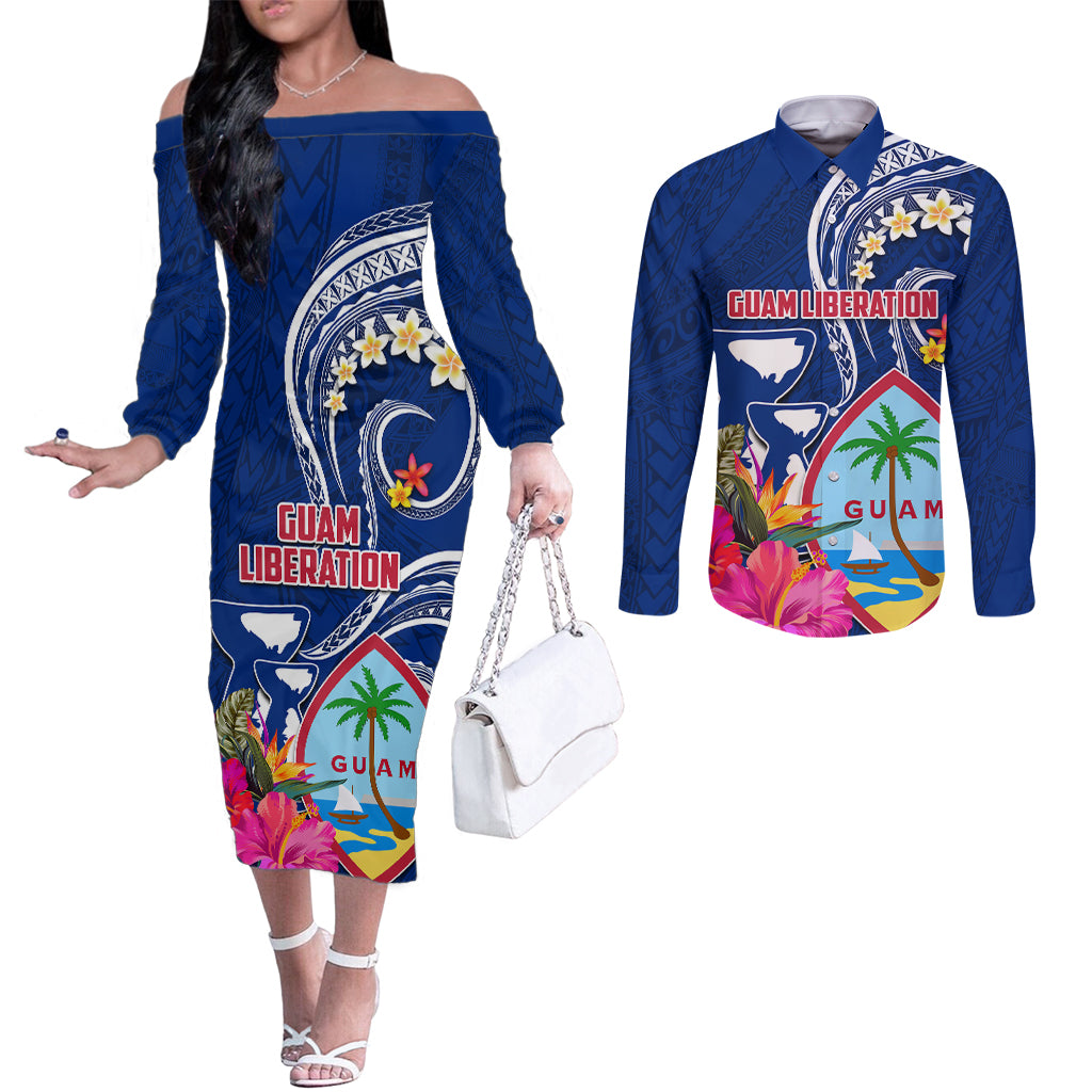Guam Liberation Couples Matching Off The Shoulder Long Sleeve Dress and Long Sleeve Button Shirt Latte Stone and Guahan Seal Jungle Flower