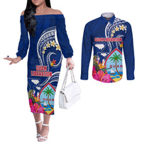Guam Liberation Couples Matching Off The Shoulder Long Sleeve Dress and Long Sleeve Button Shirt Latte Stone and Guahan Seal Jungle Flower