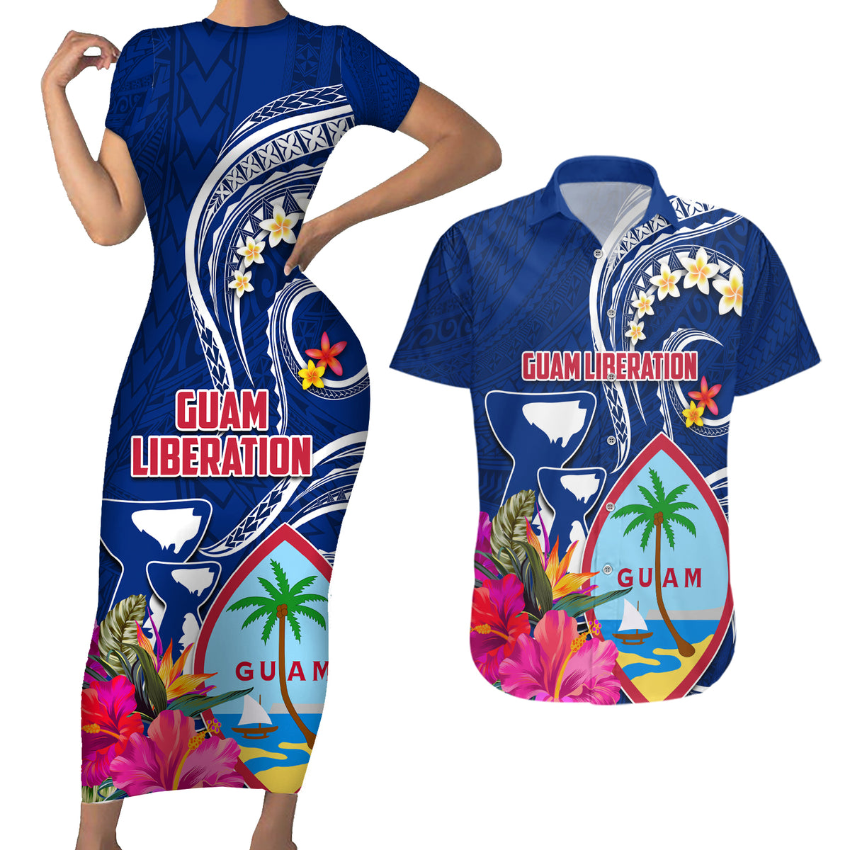 Personalised Guam Liberation Couples Matching Short Sleeve Bodycon Dress and Hawaiian Shirt Latte Stone and Guahan Seal Jungle Flower LT03 Blue - Polynesian Pride