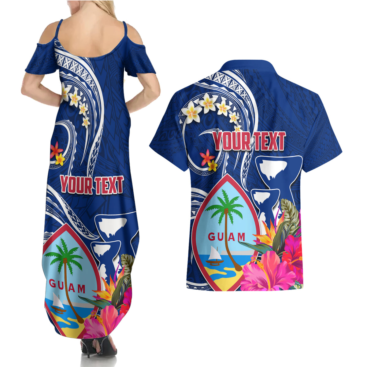 Guam Liberation Couples Matching Summer Maxi Dress and Hawaiian Shirt Latte Stone and Guahan Seal Jungle Flower