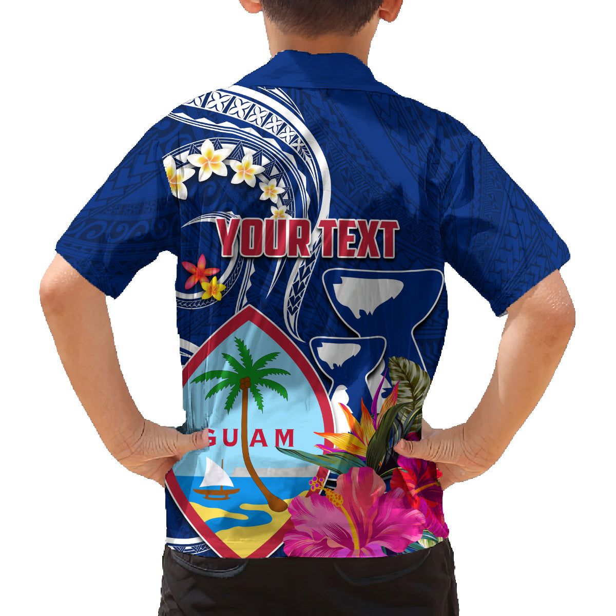 Personalised Guam Liberation Family Matching Off The Shoulder Long Sleeve Dress and Hawaiian Shirt Latte Stone and Guahan Seal Jungle Flower LT03 - Polynesian Pride