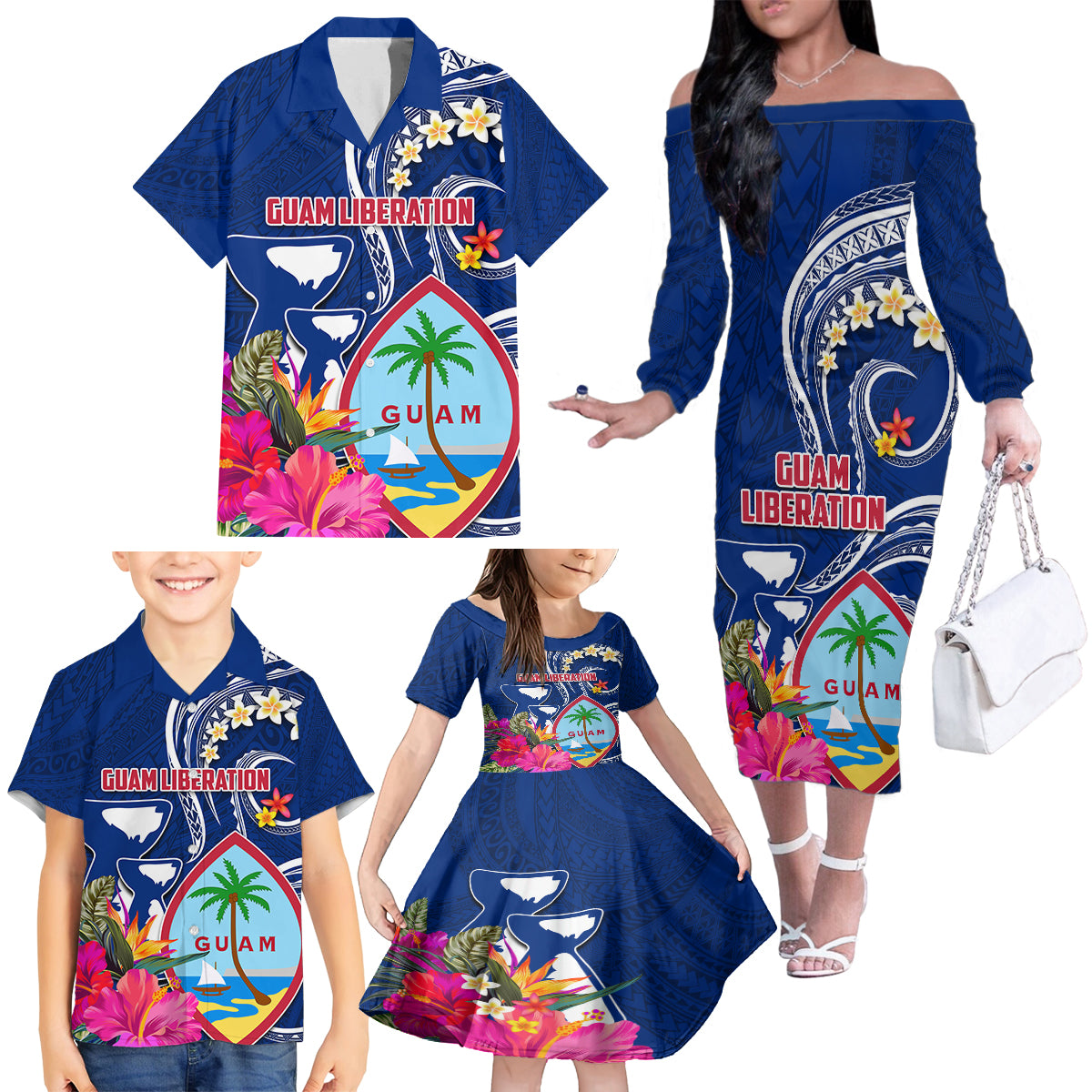 Personalised Guam Liberation Family Matching Off The Shoulder Long Sleeve Dress and Hawaiian Shirt Latte Stone and Guahan Seal Jungle Flower LT03 - Polynesian Pride