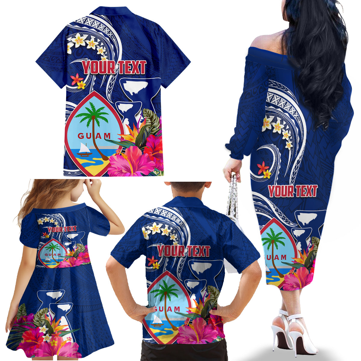 Personalised Guam Liberation Family Matching Off The Shoulder Long Sleeve Dress and Hawaiian Shirt Latte Stone and Guahan Seal Jungle Flower LT03 - Polynesian Pride