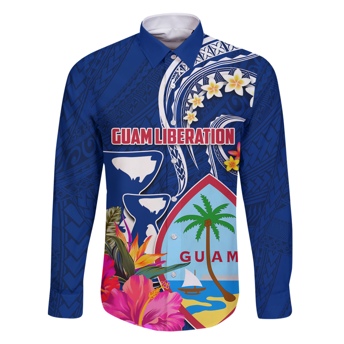 Personalised Guam Liberation Family Matching Off The Shoulder Long Sleeve Dress and Hawaiian Shirt Latte Stone and Guahan Seal Jungle Flower LT03 Dad's Shirt - Long Sleeve Blue - Polynesian Pride