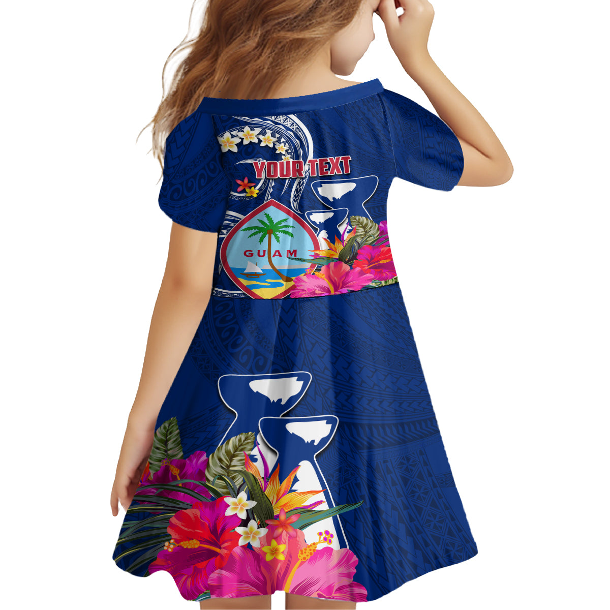 Personalised Guam Liberation Family Matching Off Shoulder Short Dress and Hawaiian Shirt Latte Stone and Guahan Seal Jungle Flower LT03 - Polynesian Pride