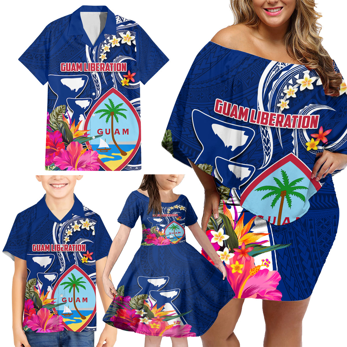 Personalised Guam Liberation Family Matching Off Shoulder Short Dress and Hawaiian Shirt Latte Stone and Guahan Seal Jungle Flower LT03 - Polynesian Pride