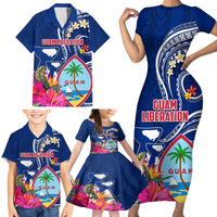Guam Liberation Family Matching Short Sleeve Bodycon Dress and Hawaiian Shirt Latte Stone and Guahan Seal Jungle Flower