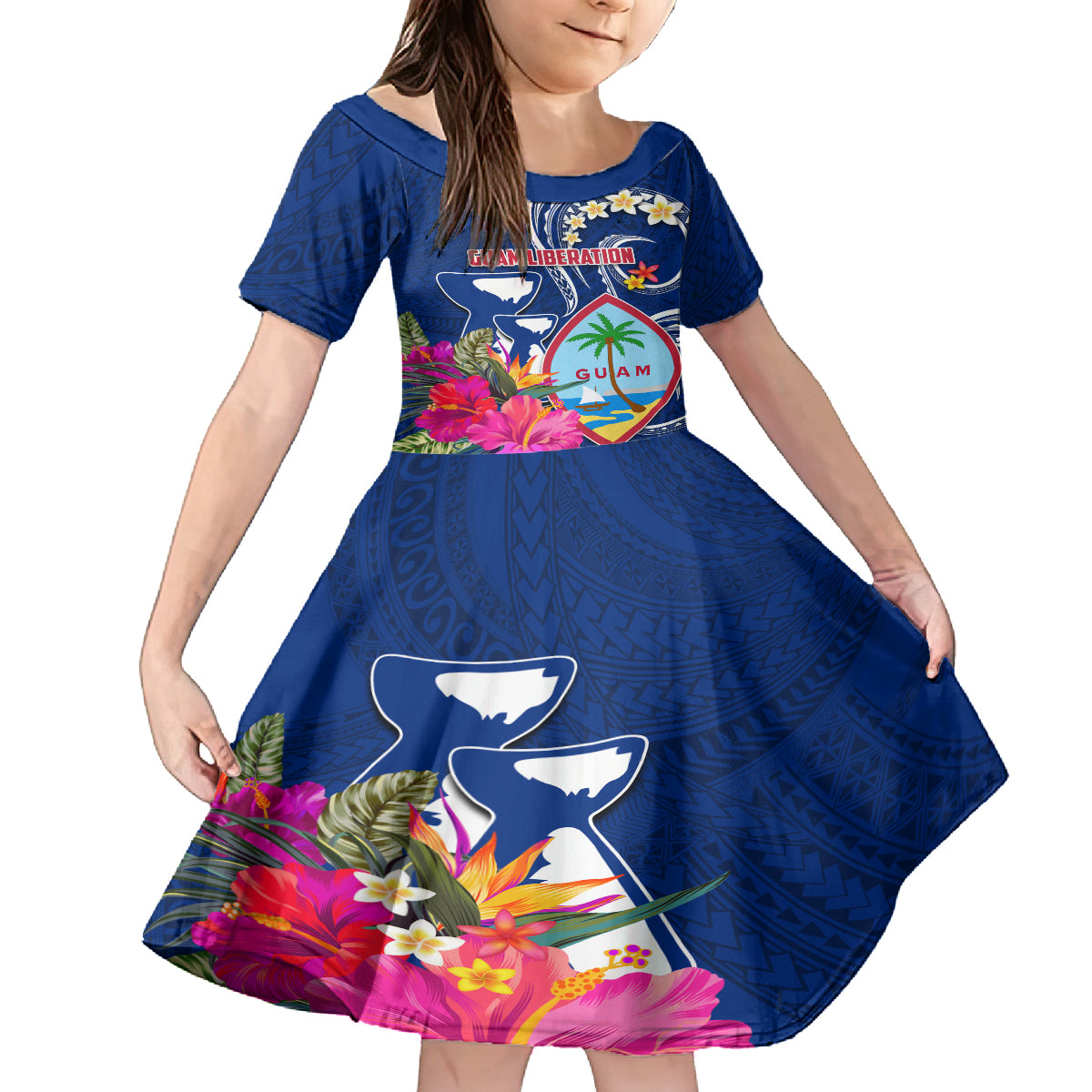 Personalised Guam Liberation Family Matching Tank Maxi Dress and Hawaiian Shirt Latte Stone and Guahan Seal Jungle Flower LT03 Daughter's Dress Blue - Polynesian Pride