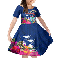 Personalised Guam Liberation Family Matching Tank Maxi Dress and Hawaiian Shirt Latte Stone and Guahan Seal Jungle Flower LT03 Daughter's Dress Blue - Polynesian Pride