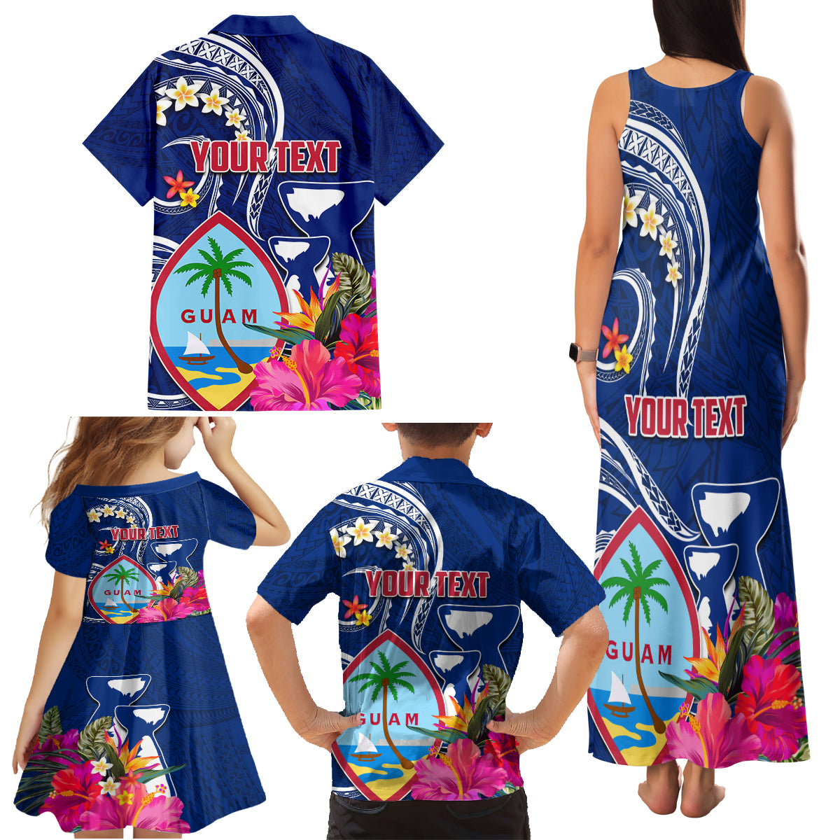 Personalised Guam Liberation Family Matching Tank Maxi Dress and Hawaiian Shirt Latte Stone and Guahan Seal Jungle Flower LT03 - Polynesian Pride