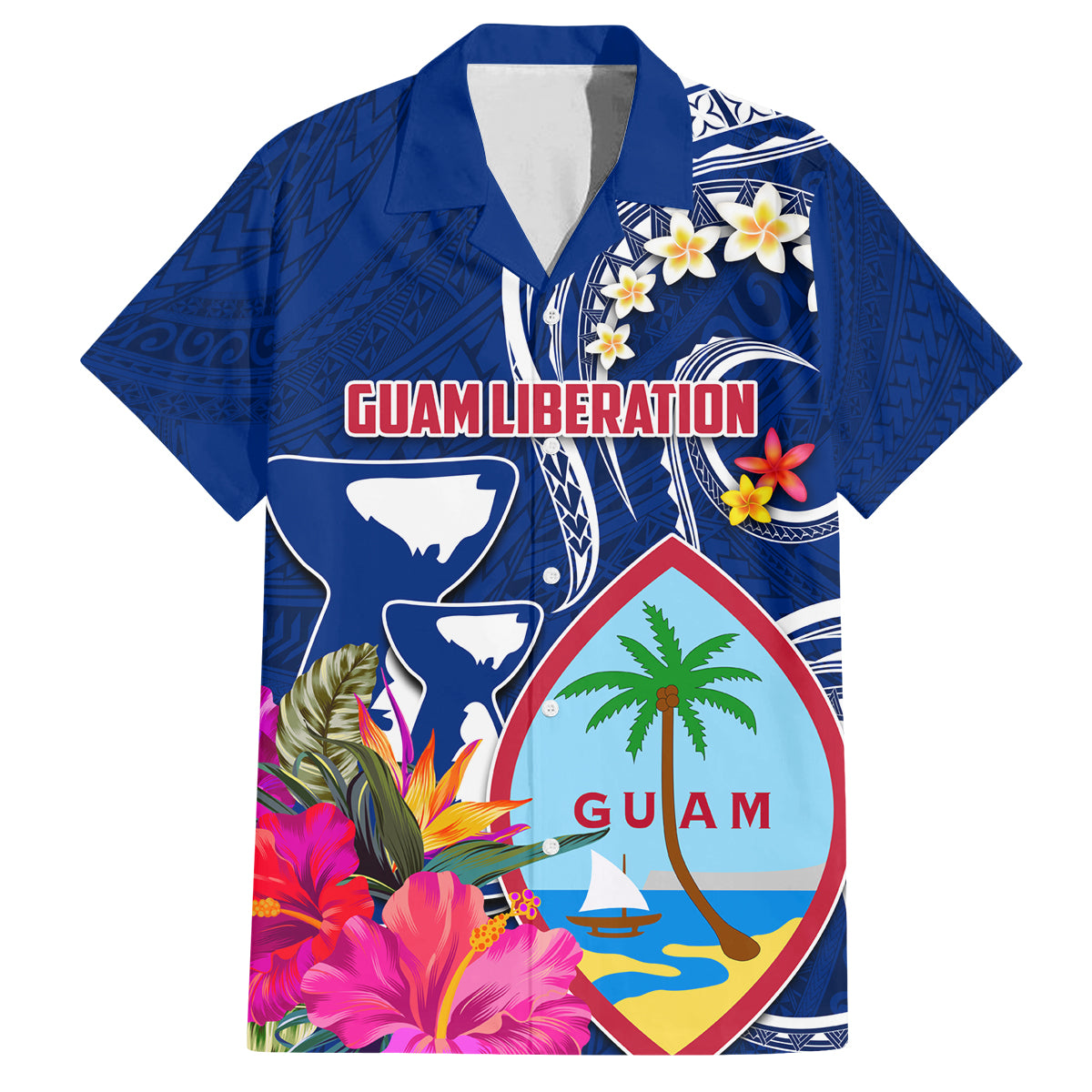 Personalised Guam Liberation Family Matching Tank Maxi Dress and Hawaiian Shirt Latte Stone and Guahan Seal Jungle Flower LT03 Dad's Shirt - Short Sleeve Blue - Polynesian Pride
