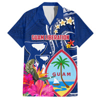 Personalised Guam Liberation Family Matching Tank Maxi Dress and Hawaiian Shirt Latte Stone and Guahan Seal Jungle Flower LT03 Dad's Shirt - Short Sleeve Blue - Polynesian Pride