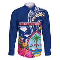 Personalised Guam Liberation Family Matching Tank Maxi Dress and Hawaiian Shirt Latte Stone and Guahan Seal Jungle Flower LT03 Dad's Shirt - Long Sleeve Blue - Polynesian Pride